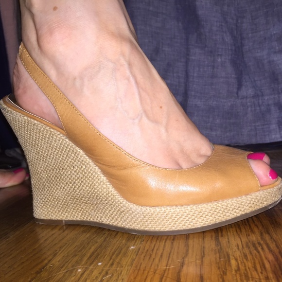 Nine West brown leather peep-toe sling back wedges