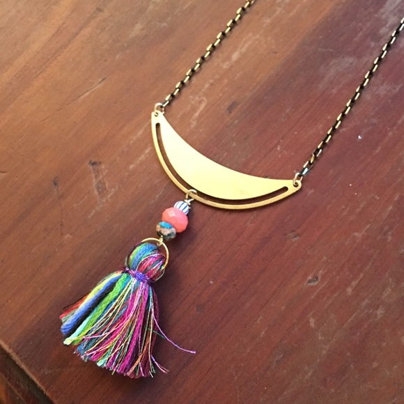Colorful silk tassel/ brass necklace- 20"
