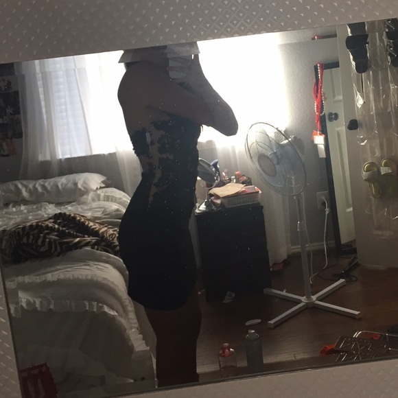 Madison James black lace homecoming dress