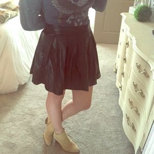 Black Pleated Faux Leather Skirt