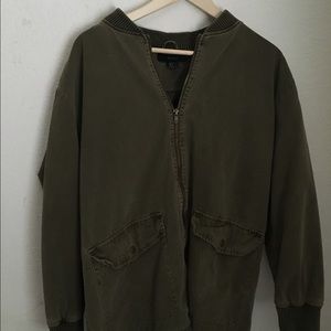 Distressed long bomber jacket