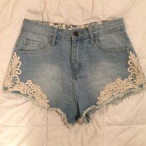 High Waisted Denim Shorts W/ Lace Detail
