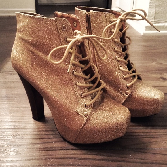 Charlotte Russe Shoes - Gold Glitter Lace Up Booties Size 6