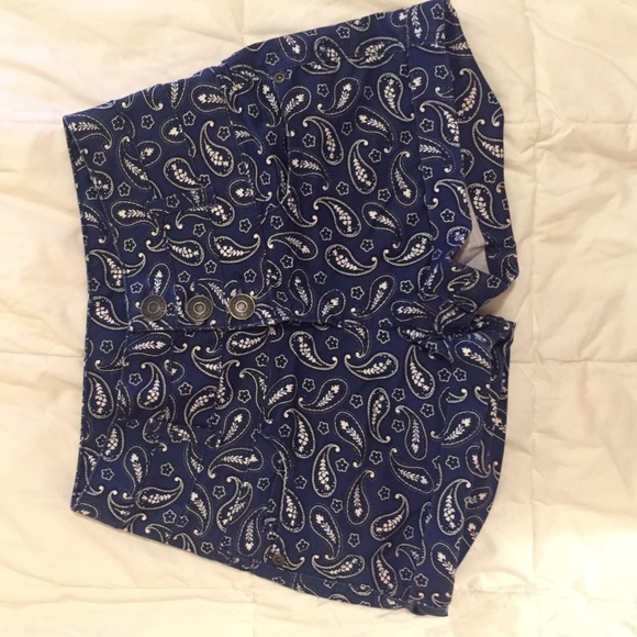 High Waisted Blue & White Paisley Button Up Shorts