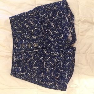 High Waisted Blue & White Paisley Button Up Shorts