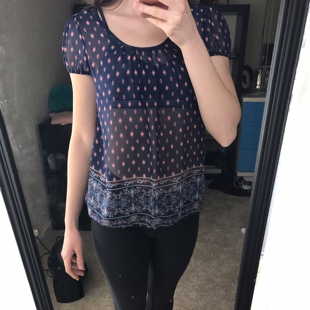 Blue Blouse With Small Back Keyhole Cutout