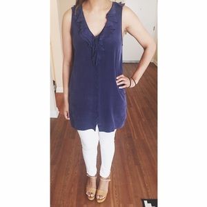 Joie Navy Silk Ruffle Tunic