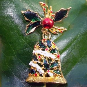 Christmas bell pin with holly leaves. 2.5" height