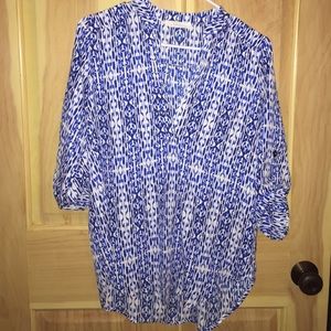 V neck blue and white blouse