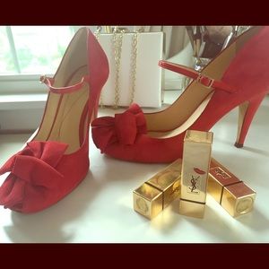 Red suede and patent Kate Spade Mary Jane pumps