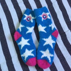 Fuzzy captain America and iron man socks