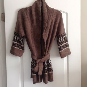 Brown Aztec Wool/Alpaca Blend Open Tie Sweater Med