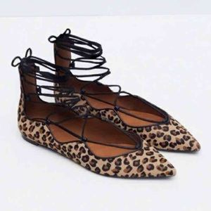 Zara Leopard Flats Pointy Lace Up 7.5 38
