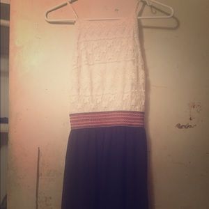 Creme and blue color mid high thigh dress.