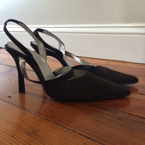 Black satin heels with straps