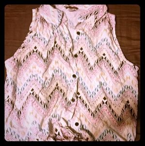 Beige Button Down Aztec Tie Crop Top Tank Shirt