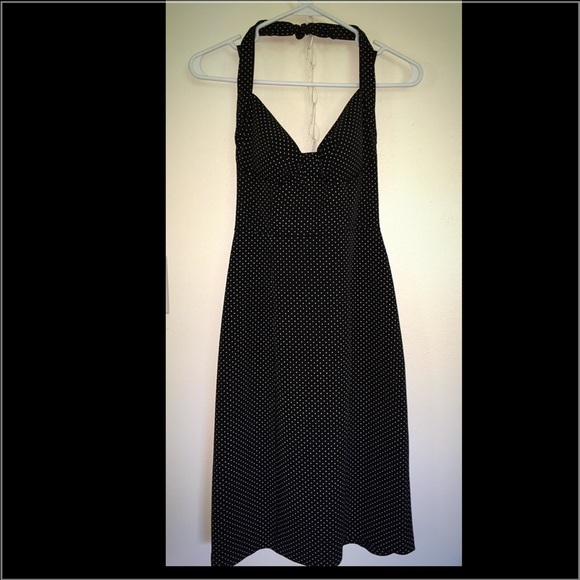 Navy and white polka dot halter dress.