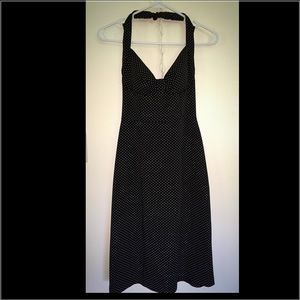 Navy and white polka dot halter dress.