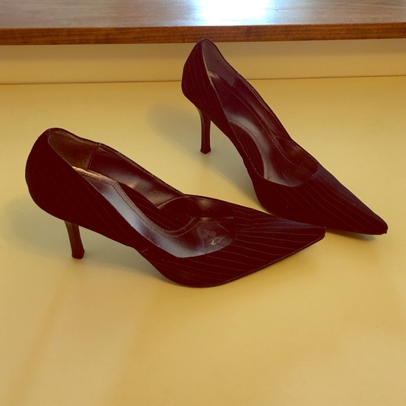 Black with silver pinstripe Rampage high heels.