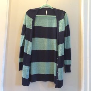 Mint and navy striped cardigan sweater