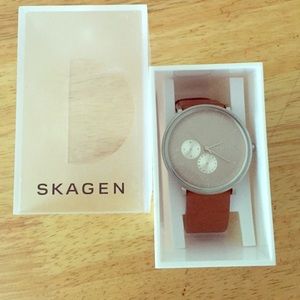 SKAGEN brown leather analog watch.