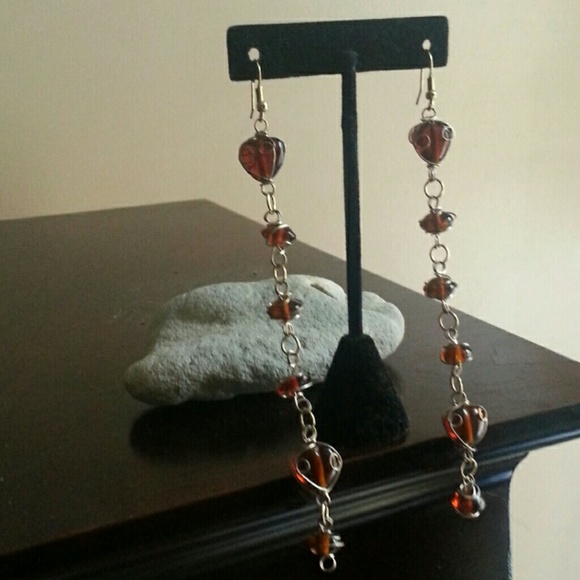 Handmade glass amber dangle earrings.