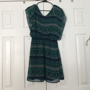 A tribal patterned, green/blue dress