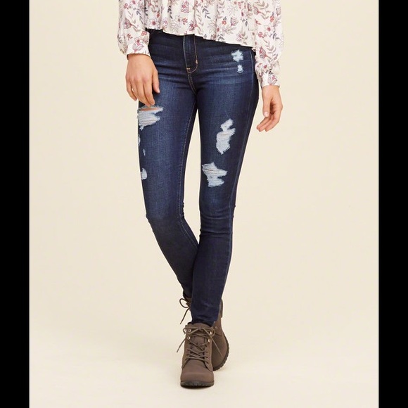 Dark Wash Distressed High Rise Super Skinny Jeans