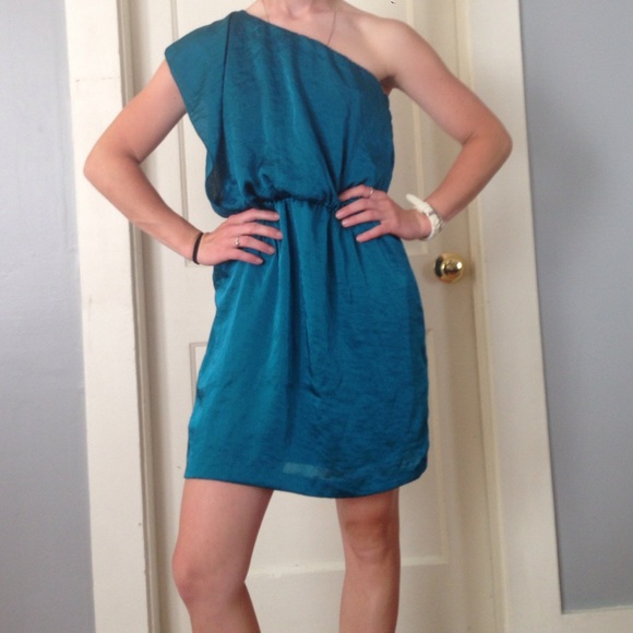 Off the shoulder satin teal dress