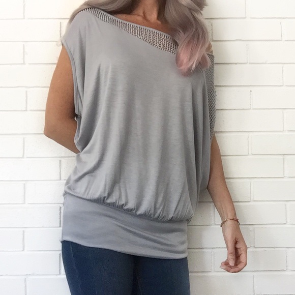 Boutique Tops - 🔴BOGO FREE🔴Gray Mesh Dolman Sleeve Top