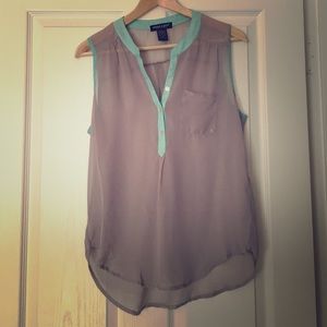 Sheer grey top with mint accent collar