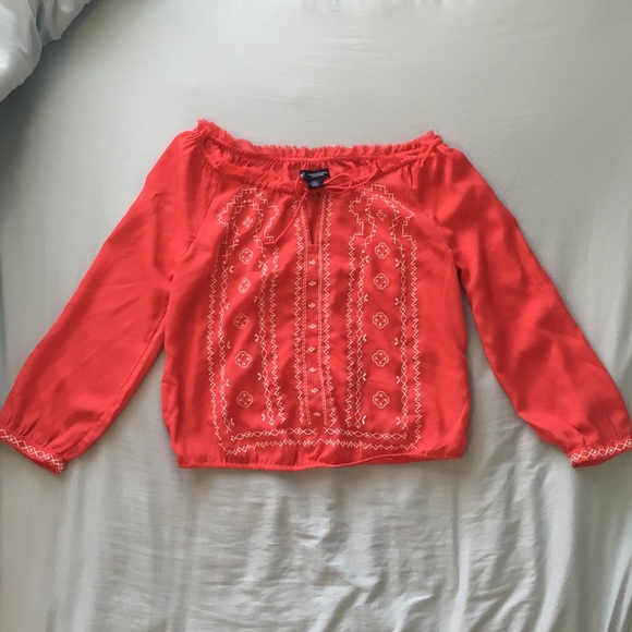 Coral Red Sheer Blouse with Embroidery