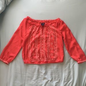 Coral Red Sheer Blouse with Embroidery