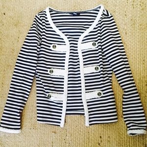 Black & white striped cardigan with anchor buttons