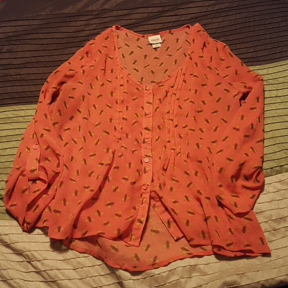 Orange button down see through blouse