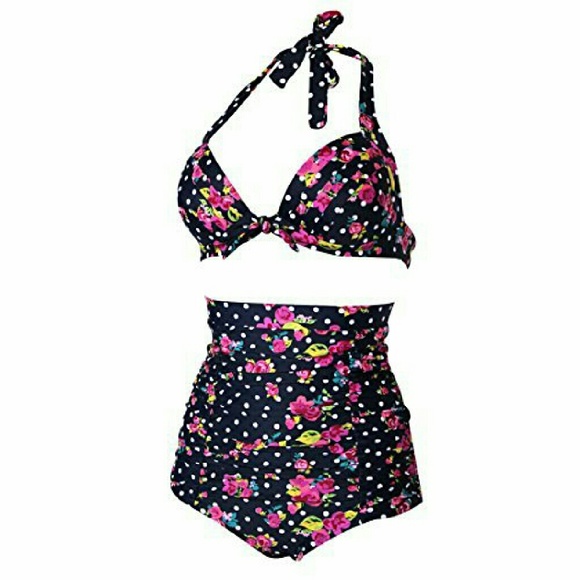 Other - Flower and polka dot vintage high wasted bikini