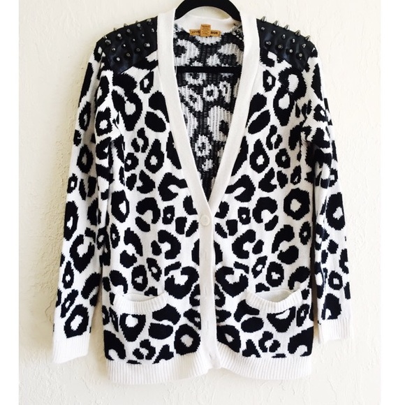 Studded Shoulder Leopard Cardigan Sweater