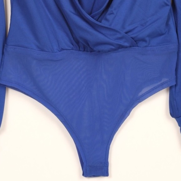 Royal Cobalt Blue Long Sleeve Plunging Bodysuit - Picture 2 of 3