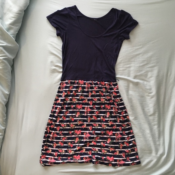 Navy and White Floral Striped Dress