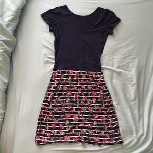 Navy and White Floral Striped Dress