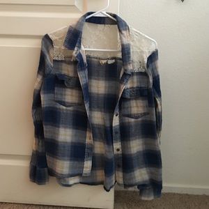 Button down plaid shirt w/ see through lace panel.