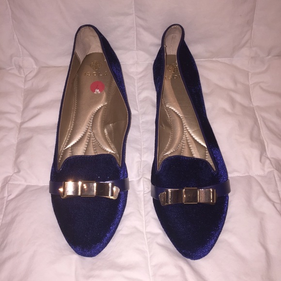 Isola blue velvet loafers with gold bow accent