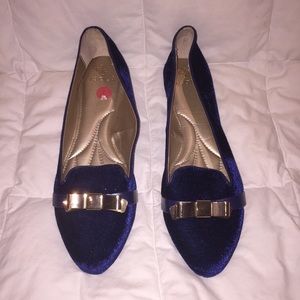 Isola blue velvet loafers with gold bow accent