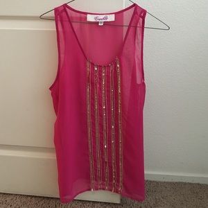 Pink sheer top w/ gold sequence.