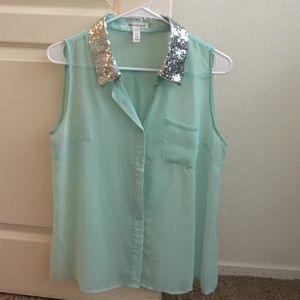 Light mint green sheer top w/ sequence collar.