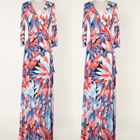 Boho Long Maxi Wrap 3/4 Sleeve Maxi Dress - Picture 3 of 3