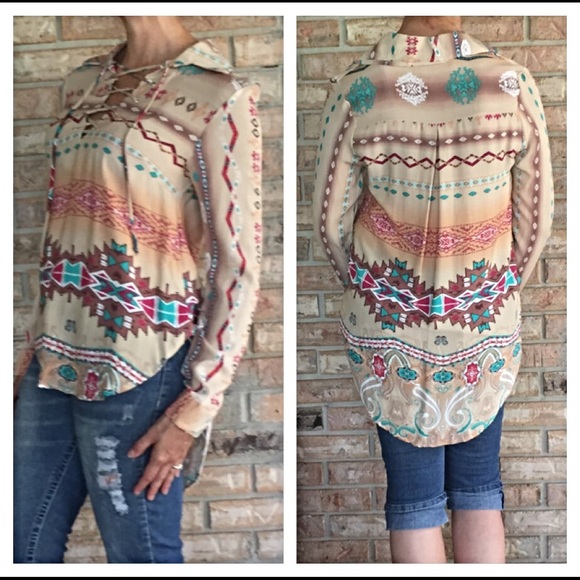Boho Peasant Hippie Tribal Lace Up Top S M - Picture 2 of 4