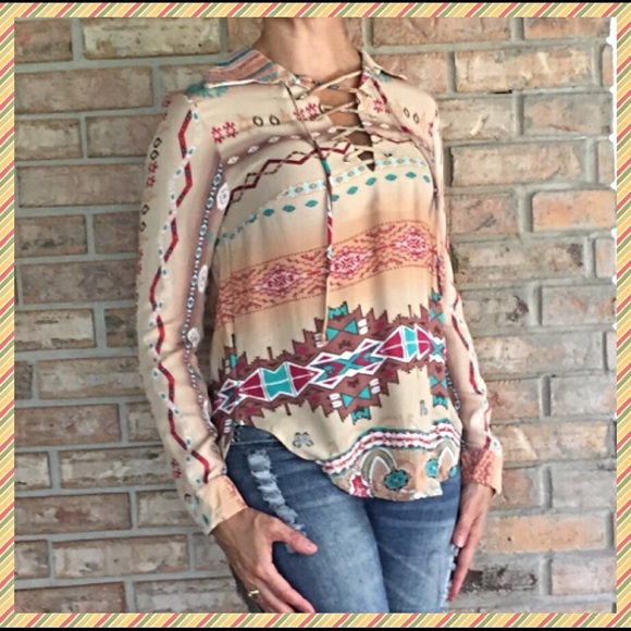 Boho Peasant Hippie Tribal Lace Up Top S M - Picture 4 of 4