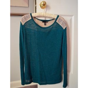 AQUA turquoise long sleeve w beaded sleeves