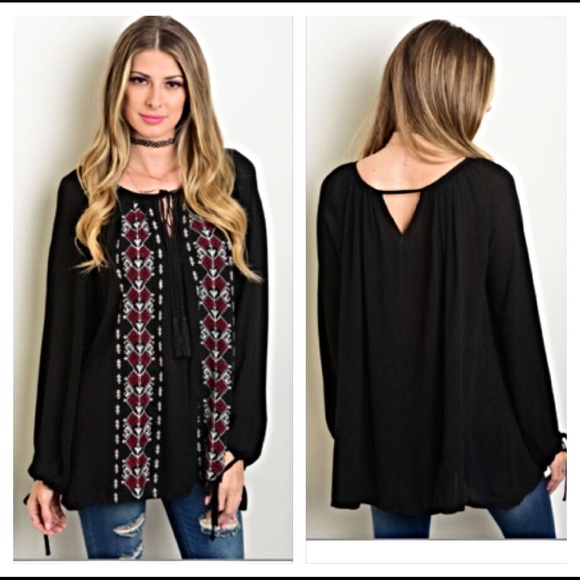 Black & Wine Peasant Top Blouse Tassel Small/Med - Picture 2 of 4